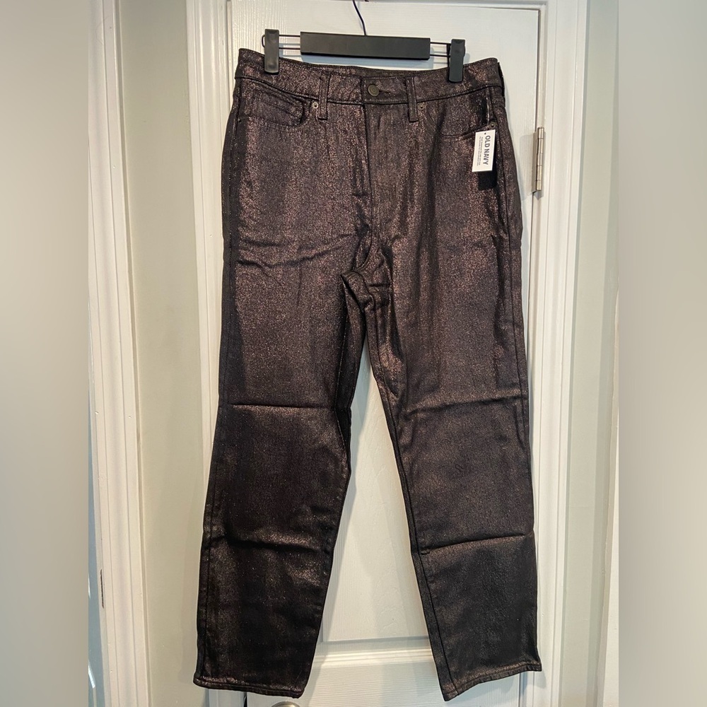 NWT Old Navy Size 10 Black Metallic Sparkle OG Straight Hight Rise Stretch Pants